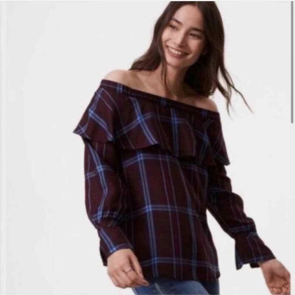 Ann Taylor LOFT Burgundy/Blue Plaid Off-Shoulder Blouse Sz Large - Picture 12 of 12